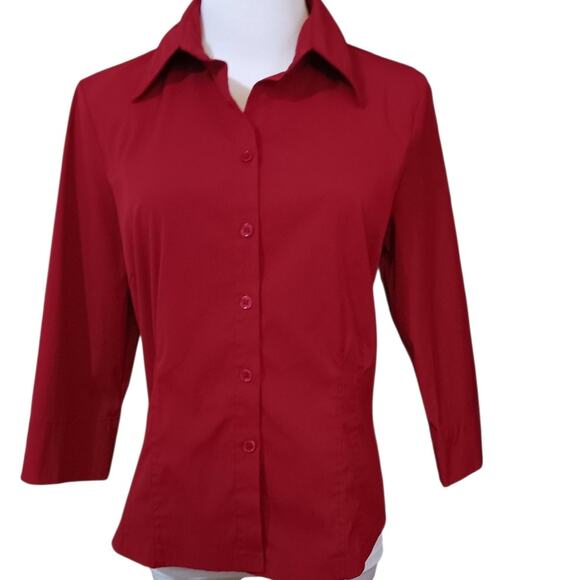 FRED DAVID Stretch Button Front Shirt Blouse Top S Darts Red‎ 3/4 Sleeves Career - Picture 5 of 10